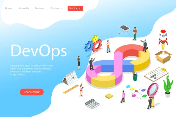 Plantilla de landing page de vector plano isométrico de DevOps . — Vector de stock