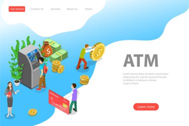 Atm isometrik düz vektör açılış sayfası şablonu, banka kartı.