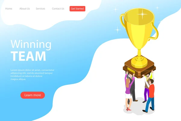 Plantilla plana de landing page vectorial isométrica del equipo ganador, trabajo en equipo efectivo . — Archivo Imágenes Vectoriales