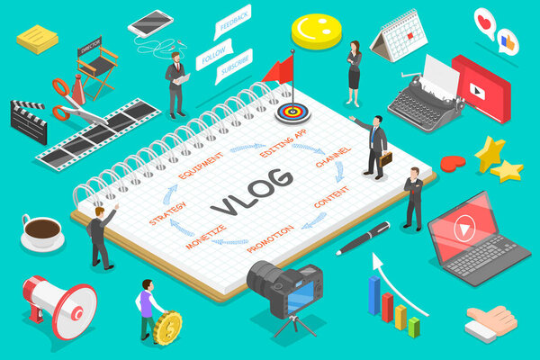Flat isometric vector concept of video blog, vlog, creating online channel.