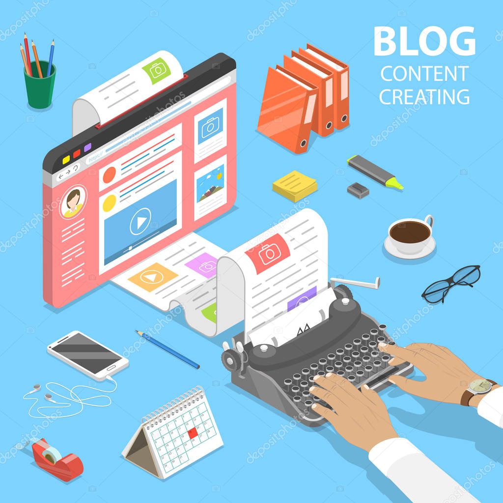 Isometric flat vector concept of creative business blogging.
