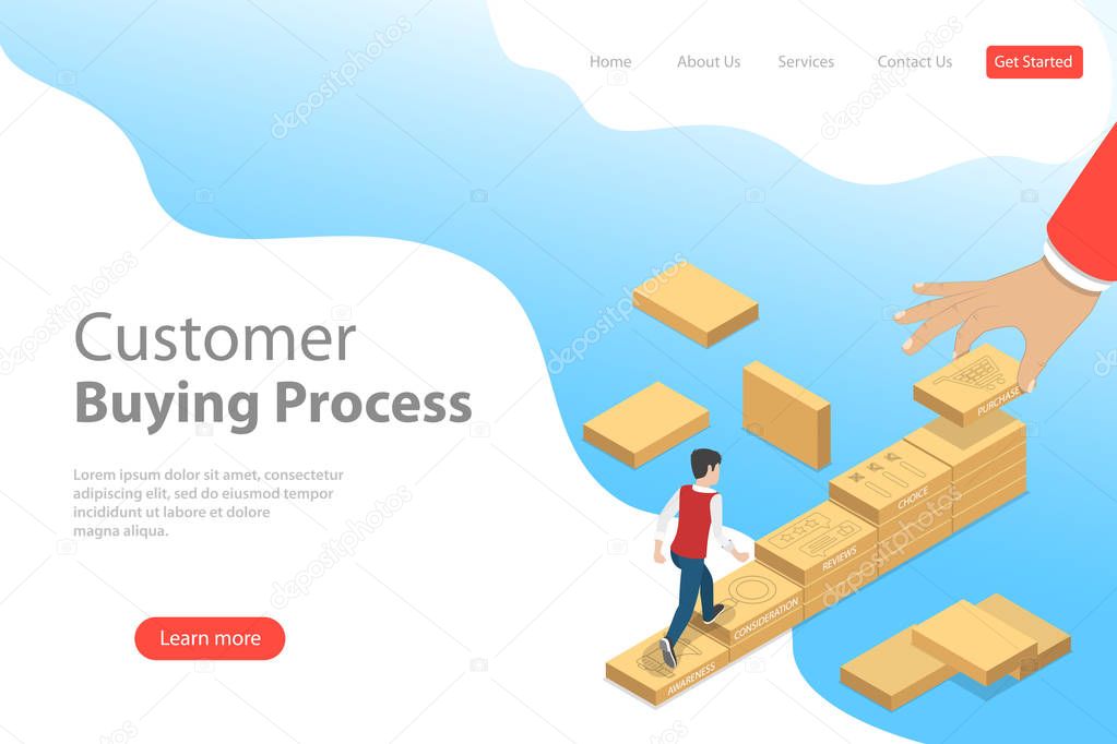 Isometric flat vector landing page template of customer journey map.