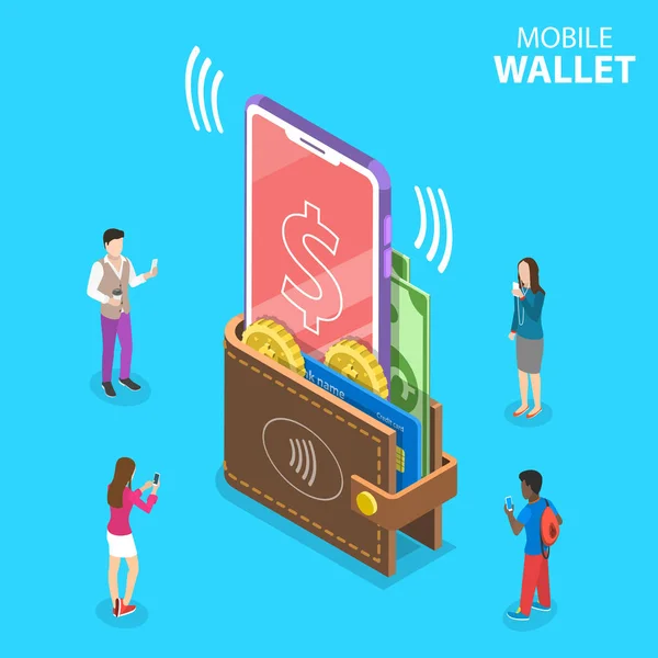 Isometric flat vector concept of digital mobile wallet, online banking. - Stok Vektor