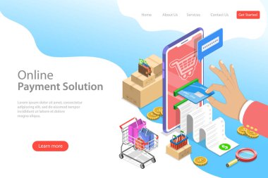 Online ödeme isometrik düz vektör açılış sayfası şablonu.