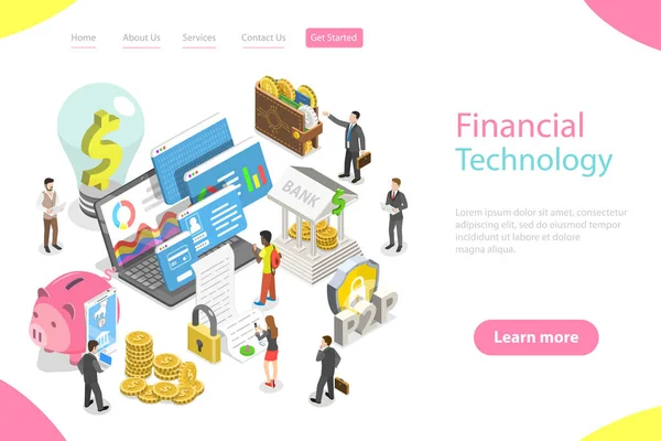 Isometric flat vector landing page template of fintech, financial technology. — Stock Vector
