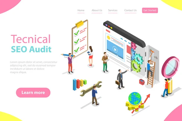 Isometric flat vector landing page template of technical SEO audit. — Stock Vector
