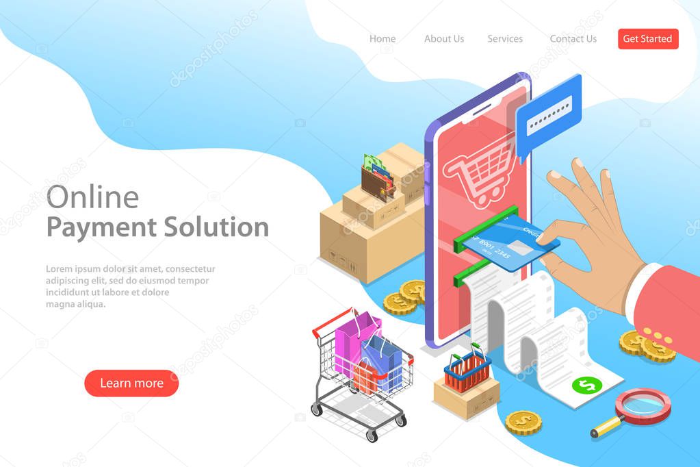 Isometric flat vector landing page template of pay online.