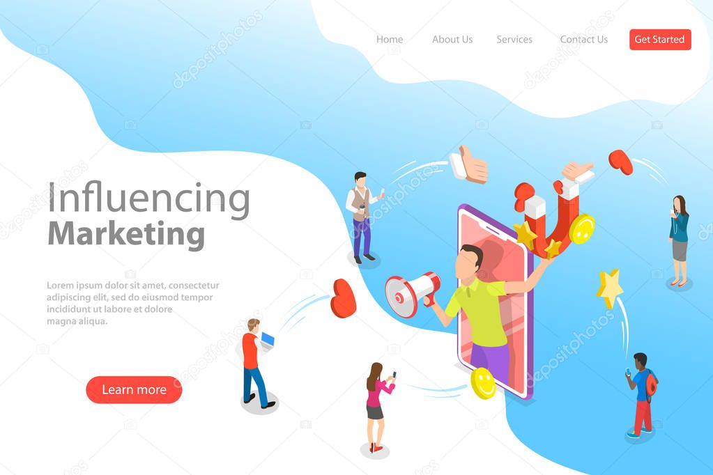 Isometric flat vector landing page template of social media influencer.