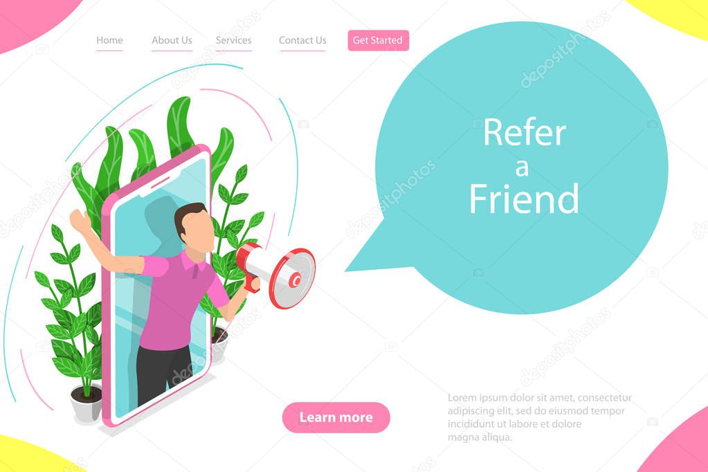 Isometric flat vector landing page template of refer a friend illustration.