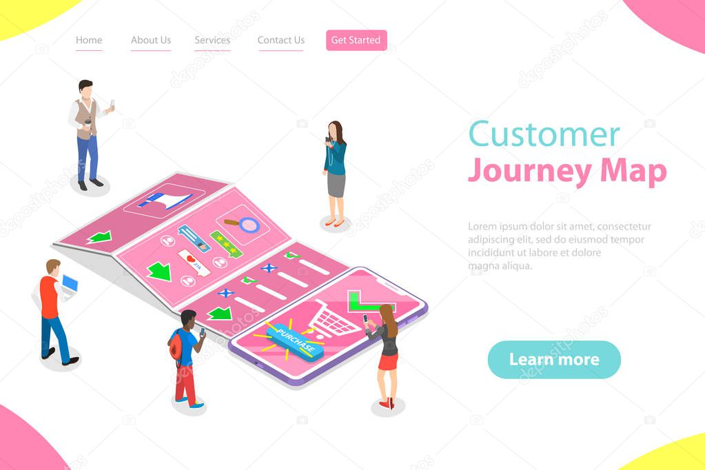 Isometric flat vector landing page template of serching customer journey map.
