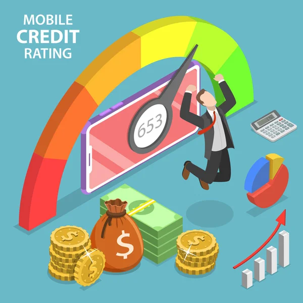 Isometric flat vector concept of mobile credit rating app, personal credit score - Stok Vektor