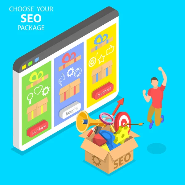 Flat isometric vector concept of SEO package choosing, search engine ranking. — Stock Vector