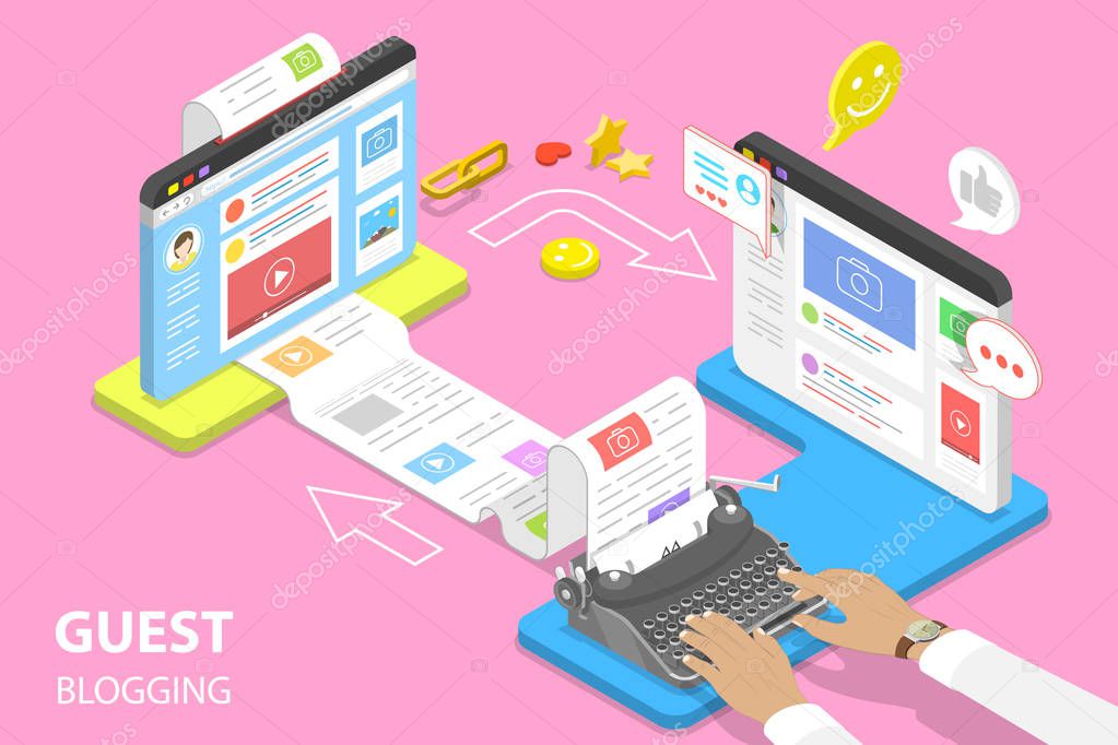 Isometric flat vector concept of guest blogging, commercial blog posting.