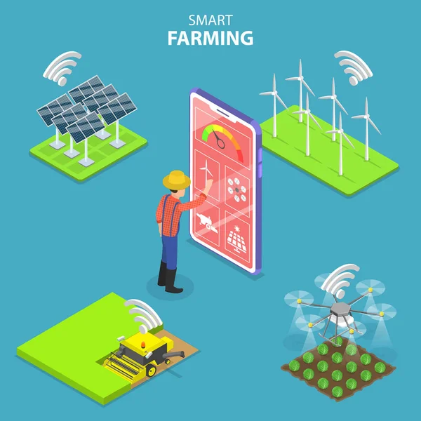 Isometrica concetto vettoriale piatto di smart farming, automazione agricola . — Vettoriale Stock