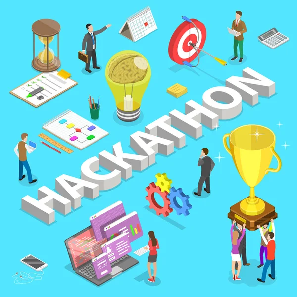 Isometric flat vector concept of hackathon, hack marathon coding event. — Stock Vector