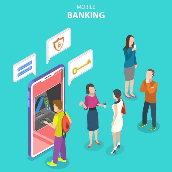 Mobil Banking izometrikus síkvektor koncepció, védett pénz tranzakció. — Stock Vector