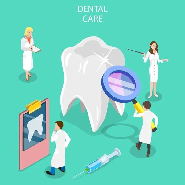 Concepto isométrico de vector plano de chequeo dental, tratamiento de caries dental . — Vector de stock