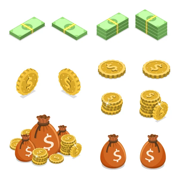 Izometrikus lapos vektor koncepció pénz, mint például érmék, Bankjegyek és pénz táskák. — Stock Vector