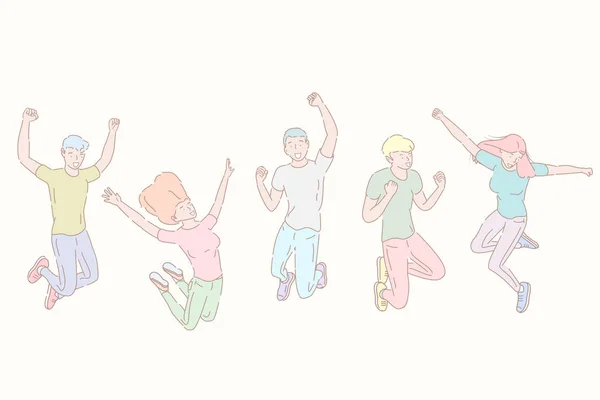 Ilustración de vectores de estilo dibujado a mano de personas felices saltando, éxito del equipo . — Vector de stock