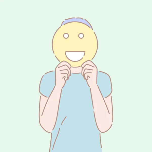 Διάνυσμα στυλ χεριού ενός άντρα που κρατά ένα χαμογελαστή πινακίδα μπροστά στο πρόσωπό του. — Διανυσματικό Αρχείο