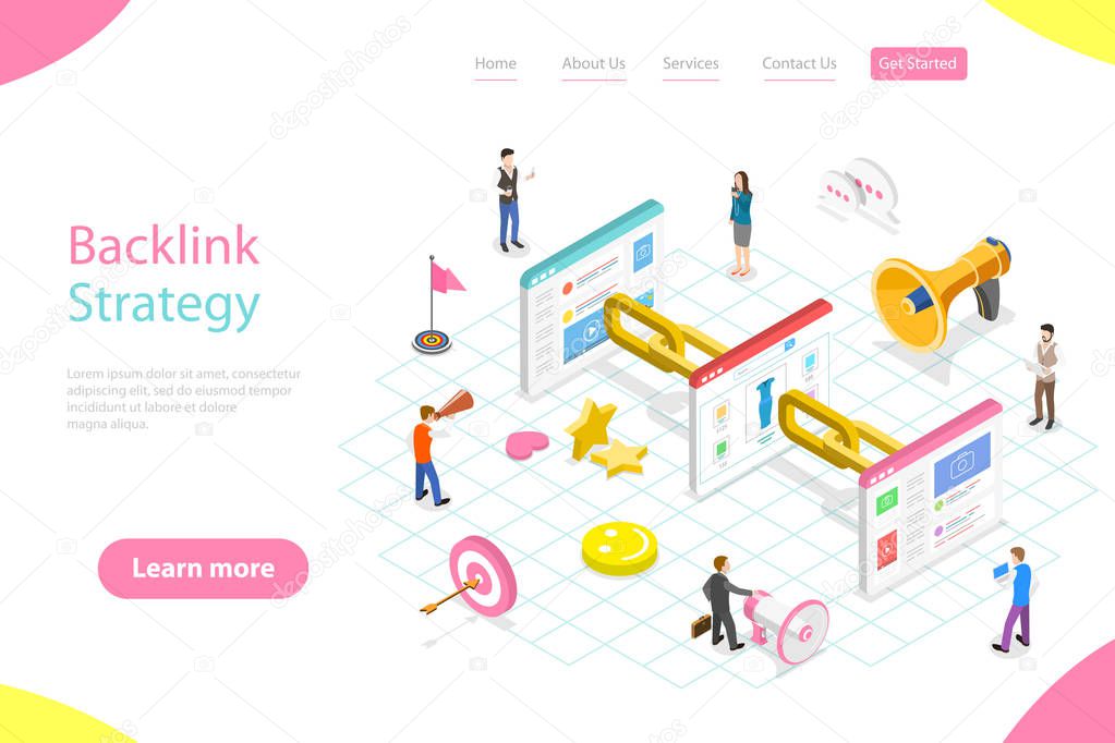 Isometric flat vector landing page template of backlink strategy, link building.