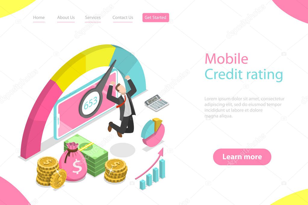 Isometric flat vector landing page template of mobile credit rating app.