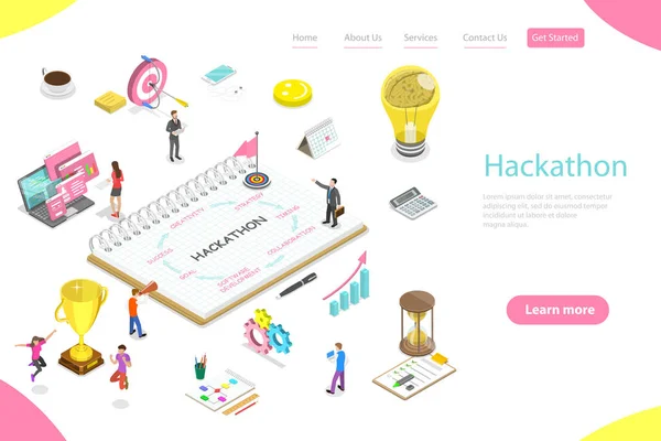 Isometric flat vector landing page template of hackathon. — Stock Vector