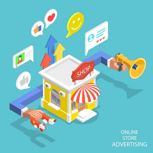 Ισομετρική επίπεδη διανυσματική έννοια της εκστρατείας διαφήμισης καταστημάτων, ψηφιακό μάρκετινγκ — Διανυσματικό Αρχείο