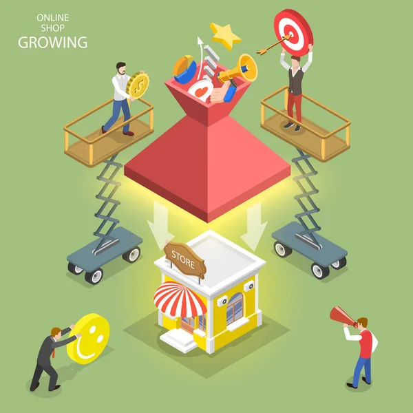 Isometric flat vector concept of online shop growing, business start up. — Stock Vector