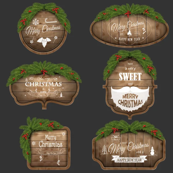 Drewniany zestaw Christmas Board z gałęziami sosny i życzeniami świątecznymi. Ilustracja wektora. — Wektor stockowy