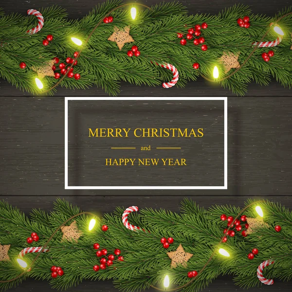 Christmas Vector on Dark Wooden Background With Wishes, Pine Branches, Berries. — Stock Vector