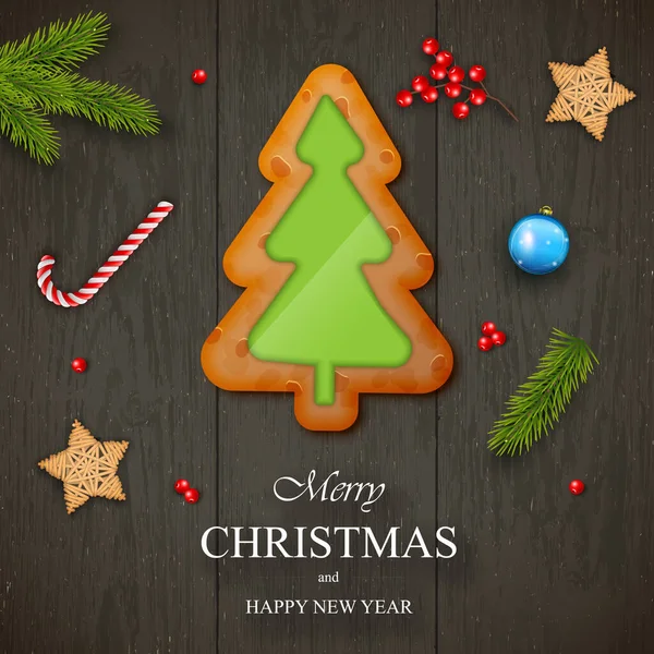Weihnachten Lebkuchen auf dunklem Holzgrund mit Wünschen, Tannenzweige. — Stockvektor