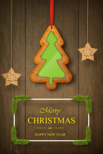 Χριστουγεννιάτικο μελόψωμο σε σκούρο ξύλινο φόντο με ευχές, κλαδιά πεύκου. — Διανυσματικό Αρχείο
