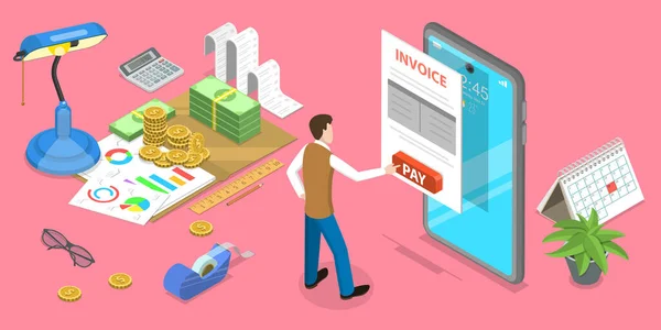3D Isometric Flat Vector concept of Mobile Invoice, Online pay. — 스톡 벡터