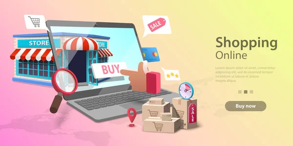 Plantilla de landing page de compras en línea 3d, Concepto de tienda móvil . — Vector de stock