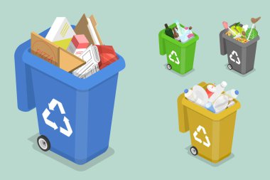 3B Isometric Düz Vektör Geri Dönüşüm Atıkları Sıralama Kavramı.