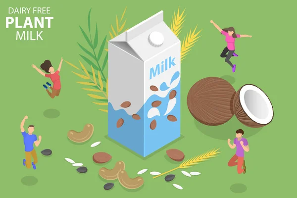 3D Isometric Flat Vector Concept de lait végétal sans produits laitiers. — Image vectorielle
