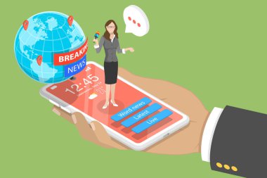 Çevrimiçi Haber Uygulamasının 3B Isometric Düz Vektör Kavramı, Dijital Dünya Medya.