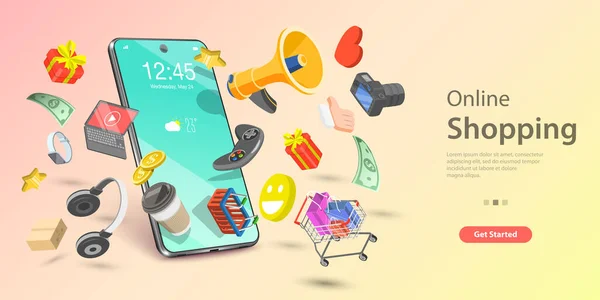 Plantilla de landing page de compras en línea 3d, Concepto de tienda móvil . — Archivo Imágenes Vectoriales