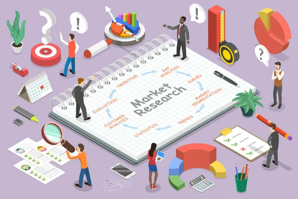 Illustration conceptuelle 3D du vecteur plat isométrique d'une étude de marché — Image vectorielle