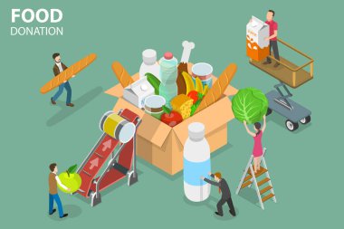 3D Isometric Düz Vektör Gıda Bağışının Kavramsal İllüstrasyonu.