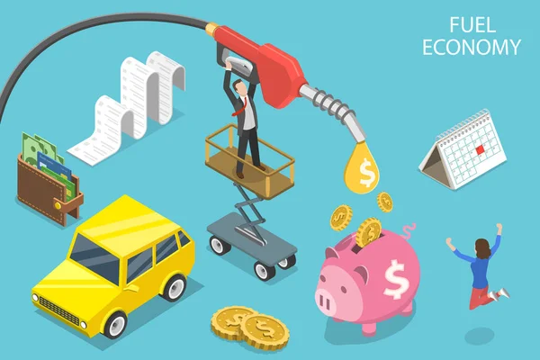 Ilustración conceptual del vector plano isométrico 3D de la economía de combustible. — Archivo Imágenes Vectoriales