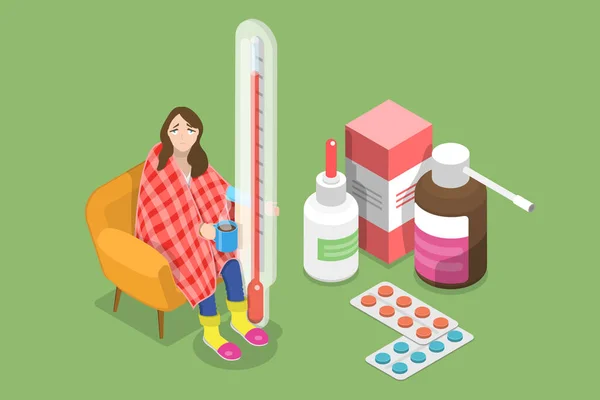 3D ισομετρική επίπεδη διανυσματική εννοιολογική απεικόνιση της λυπημένης άρρωστης γυναίκας που έχει ένα κρύο — Διανυσματικό Αρχείο