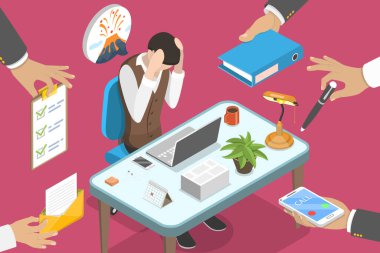 3D Isometric Düz Vektör Yorgun Ofis Woker 'ının Kavramsal İllüstrasyonu.