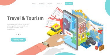 Online Trip Rezervasyon Uygulamasının 3B Isometric Düz Vektör İniş Şablonu.