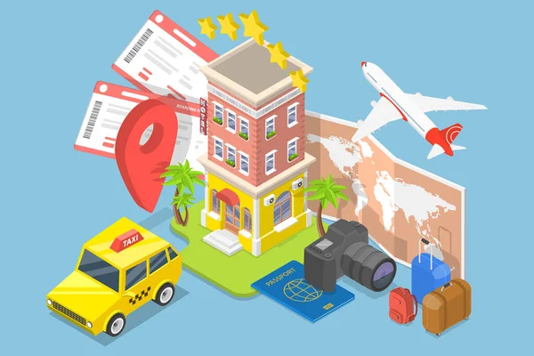 Vector plano isométrico 3D Ilustración conceptual del servicio de reserva de viajes. — Vector de stock