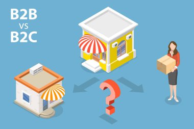 B2B vs B2C 'nin 3B Isometric Düz Vektör Kavramsal İllüstrasyonu, İş Stratejisi Seçimi.