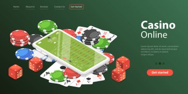 Canlı Poker, Rulet, Kumar Makinesi ve Bahisler için 3B Isometric Düz Vektör İniş Sayfası Şablonu İnternet Kumarhanesi.
