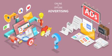 Çevrimiçi Çevrimdışı Reklamcılığa Karşı 3D Isometric Düz Vektör İllüstrasyonu, Sosyal Medya Kampanyası.