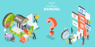 Geleneksel Bankacılık, Artıları ve Eksilerine Karşı Çevrimiçi Çevrimiçi 'nin 3B Isometric Düz Vektör İllüstrasyonu.